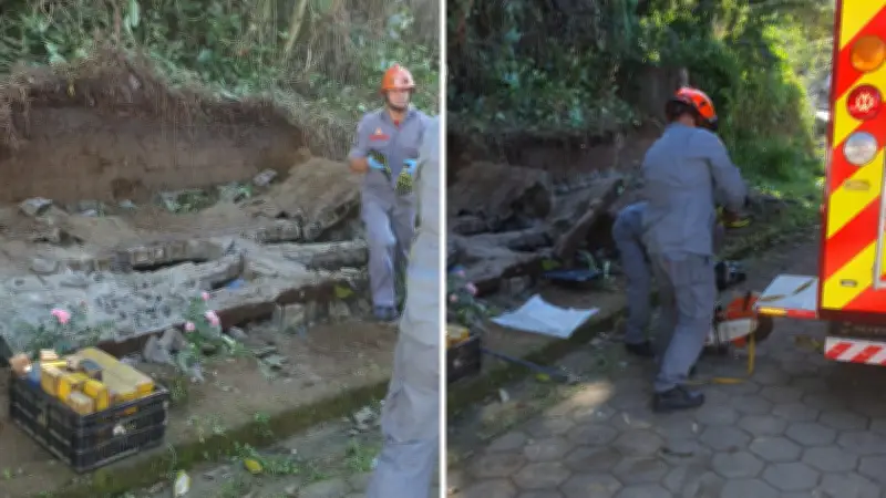 Muro desaba em Caraguatatuba, homem fica gravemente ferido e bombeiros agem