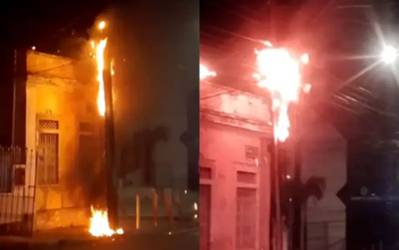 Poste pega fogo após furto de cabos em Aracaju e afeta energia