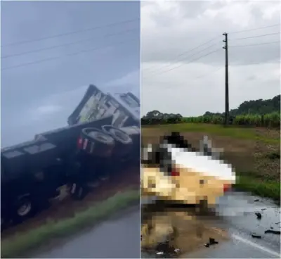 Acidente entre caminhão e carro parte veículo ao meio e mata 5 em SC
