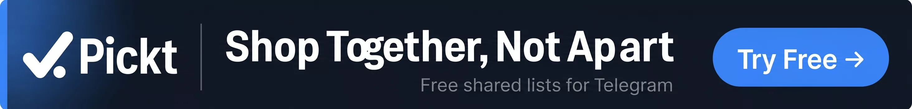 Banner largo do Pickt — app de listas de compras colaborativas para Telegram