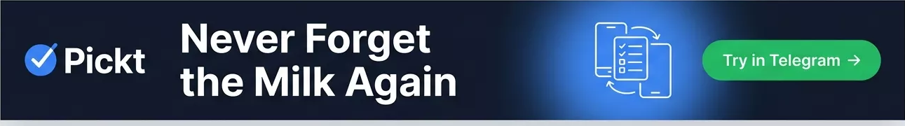 Banner header do Pickt — app de listas de compras colaborativas para Telegram